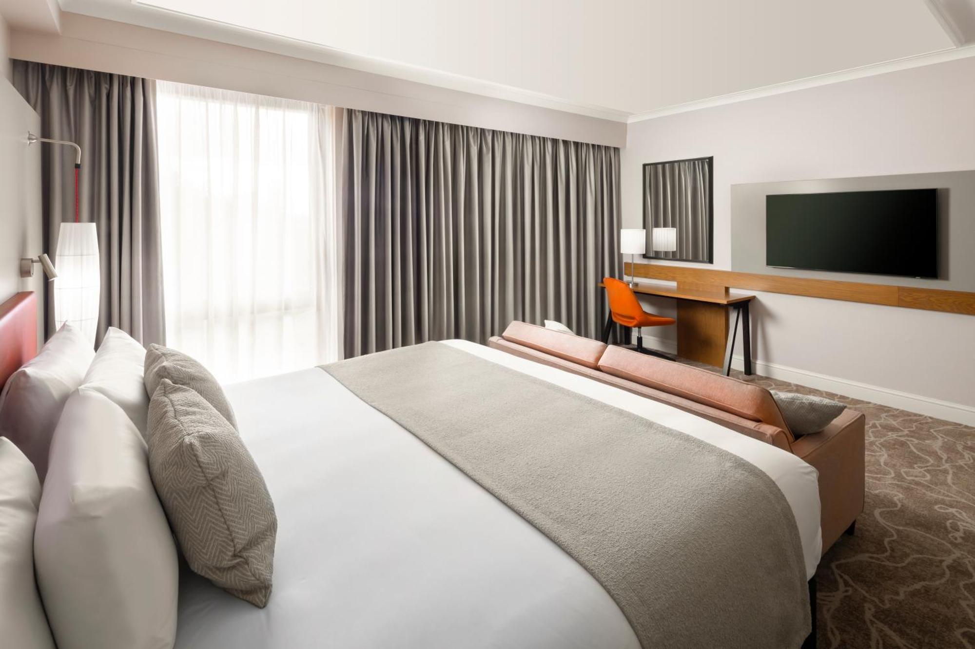 Habitación con cama extragrande y sofá cama